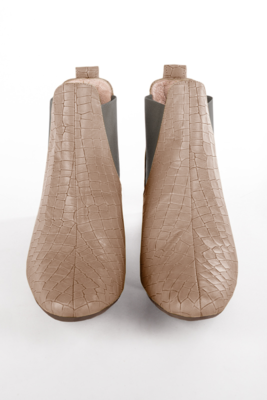 Powder pink and bronze beige women's ankle boots with buckles. Square toe. Low flare heels. Top view - Florence KOOIJMAN